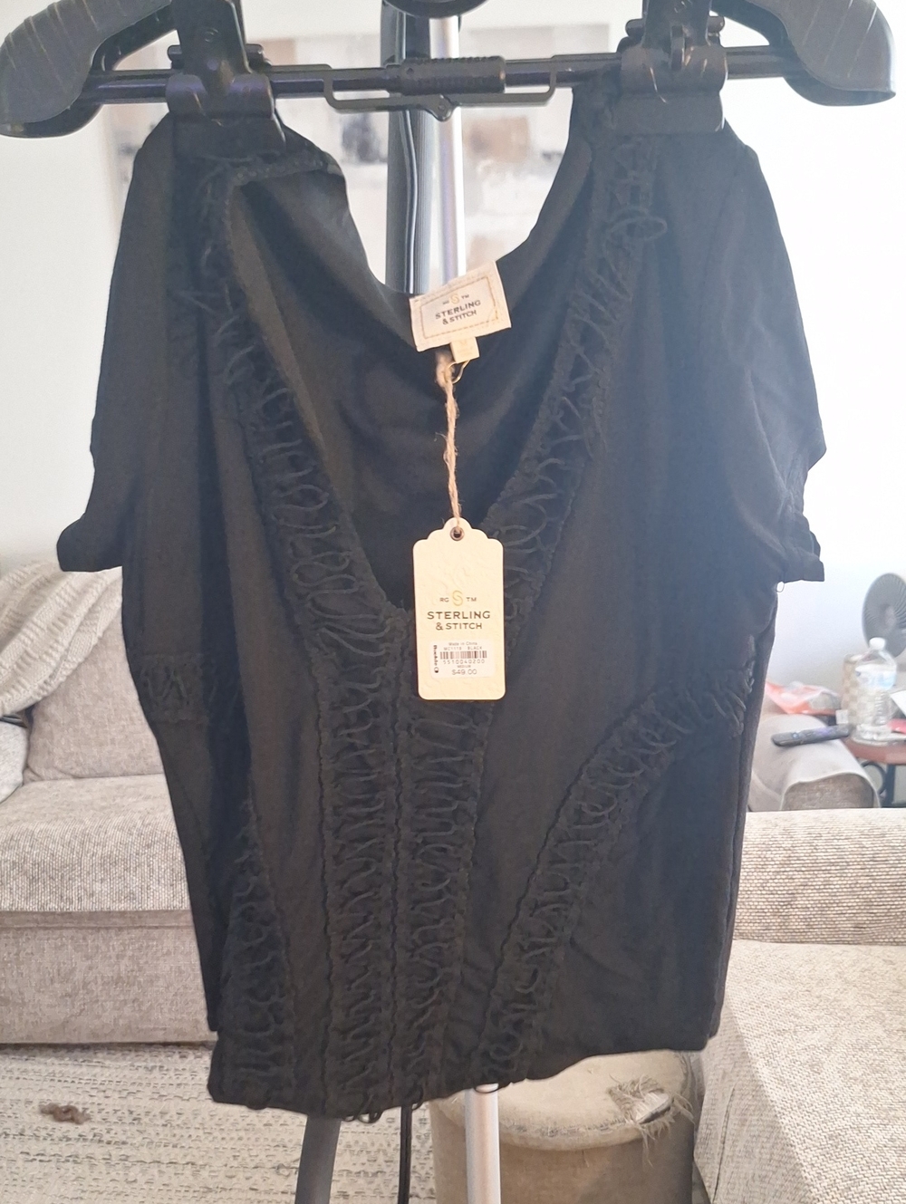 Sterling & Stitch Black Ruffle-Trim V-Neck Blouse